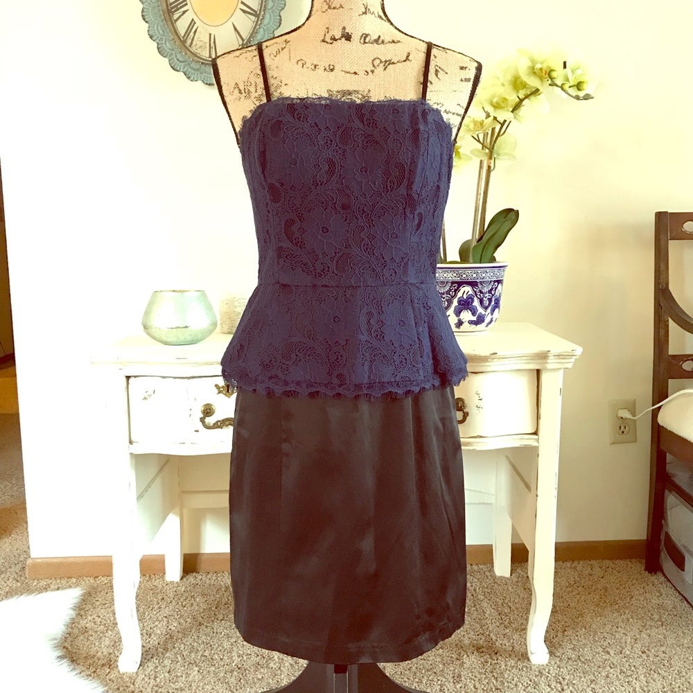 Blue lace and black peplum Kate Young dress